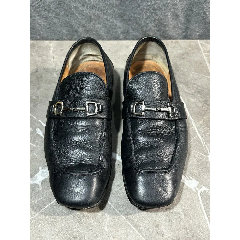 Gucci Horsebit Loafers Black Leather Slip-On Snaffle Dress Shoes Italy Mens Size